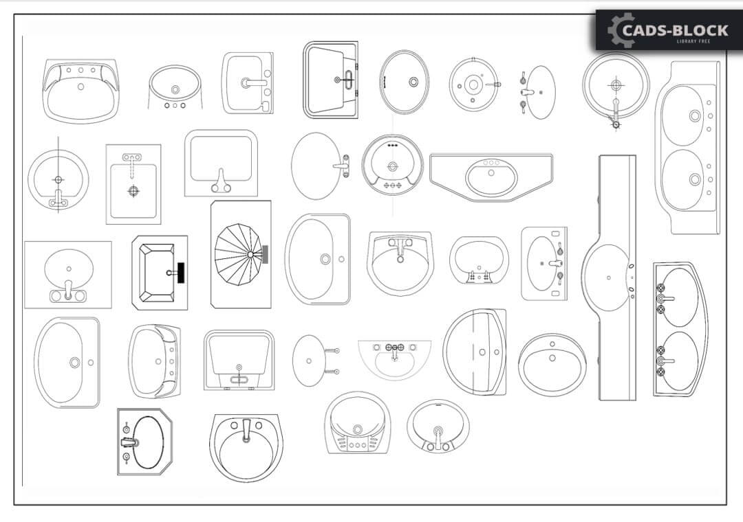 Sinks of different types in top view, 2d drawing